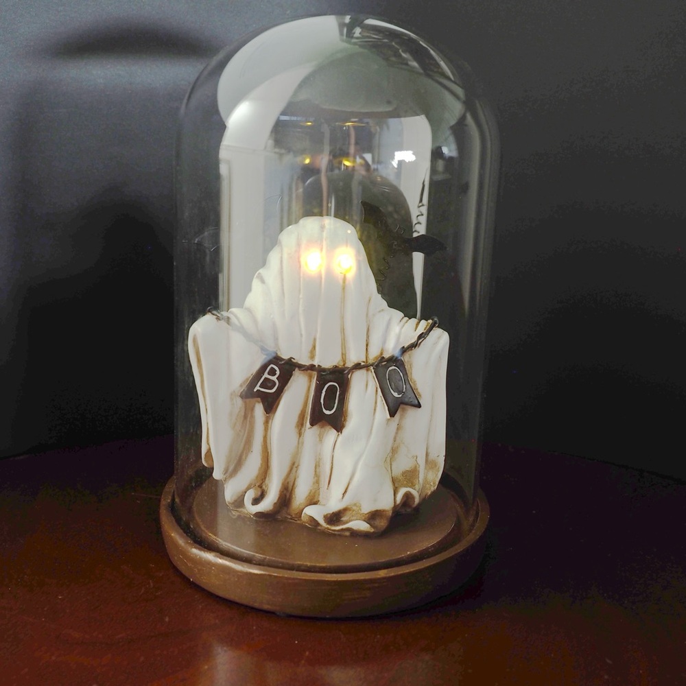 Illuminated Ghost Cloche with BOO Sign